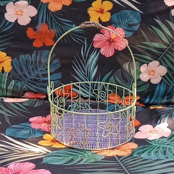 Round Colorful Stars Green & Purple Metal Basket Fruit Flowers Makeup - Picture 1 of 7